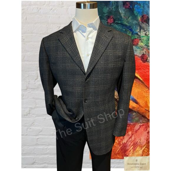 Ermenegildo Zegna Mens 44R Charcoal Gray Brown Plaid Cashmere Designer Blazer - Picture 1 of 13